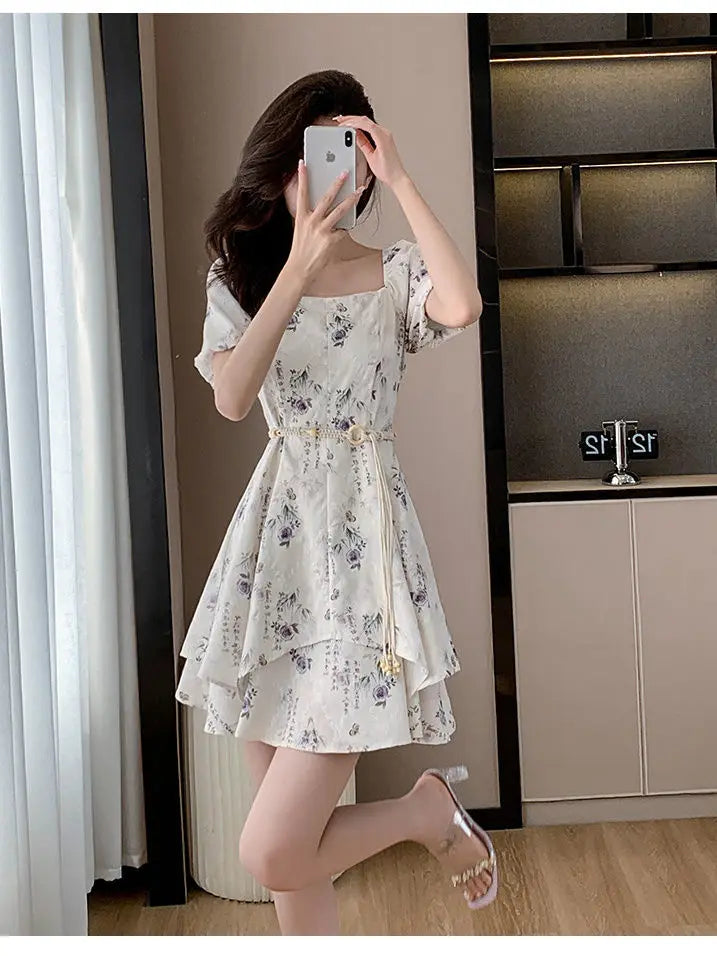 Square Neck Short-sleeved Women 2025 Summer New Chinese Puff Short-sleeved Retro Waist-hugging A-line Dress
