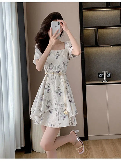 Square Neck Short-sleeved Women 2025 Summer New Chinese Puff Short-sleeved Retro Waist-hugging A-line Dress