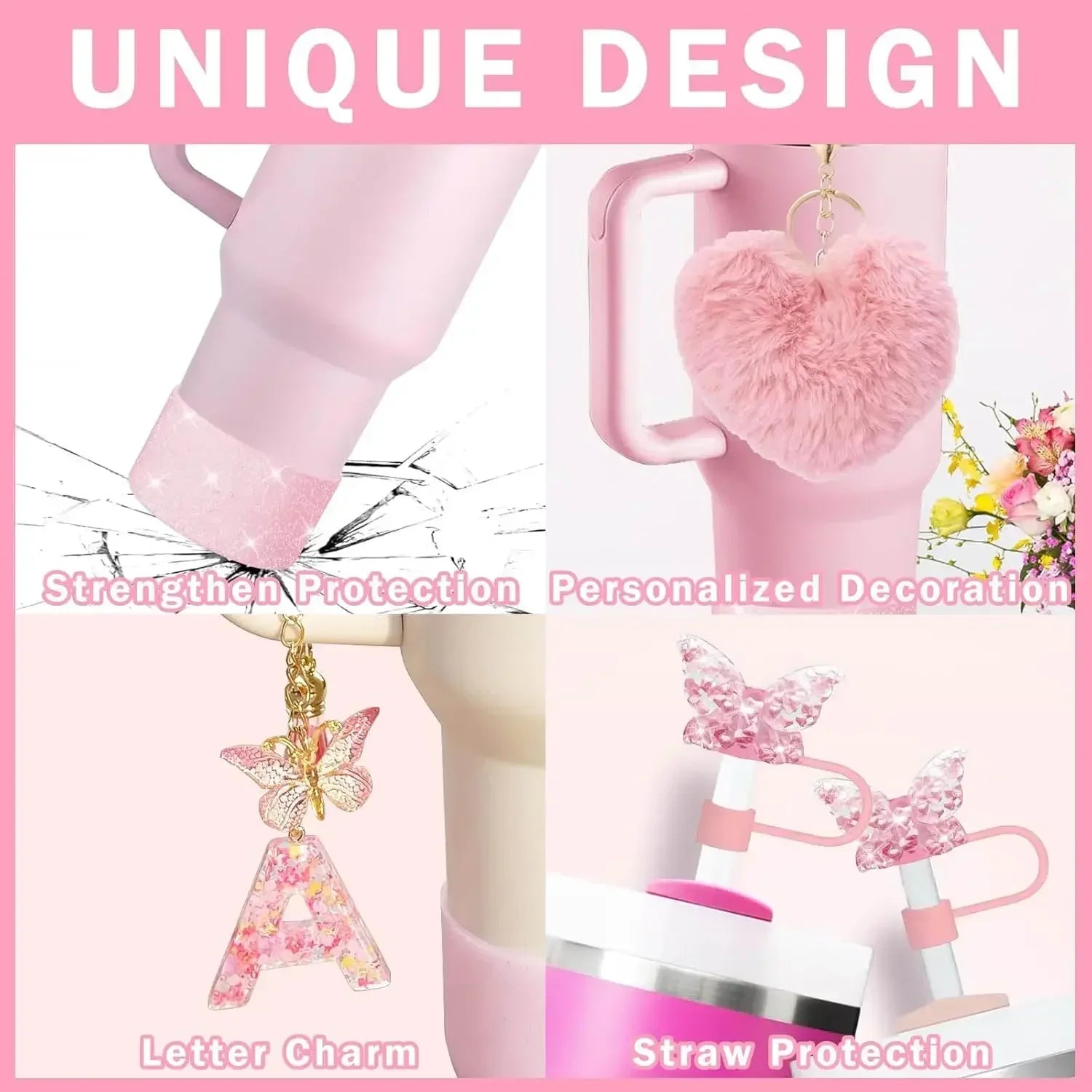 9PCS Accessory Set for Stanley Cup 30oz 40oz Butterfly Straw Cover Cap Silicone Boot Charm Initials Sticker Spill Proof Stopper Badiee Stylez