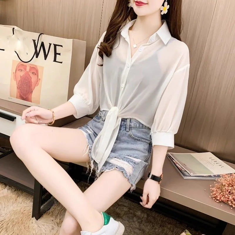 Xpqbb Summer Sun Protection Shirts Ladies Solid Color Tied Waist Half Sleeve Button Blouse Women Casual Loose Chiffon Shirt