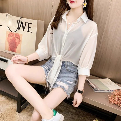 Xpqbb Summer Sun Protection Shirts Ladies Solid Color Tied Waist Half Sleeve Button Blouse Women Casual Loose Chiffon Shirt