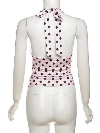 weird Puss Polka Dot Print Vest Women Y2K Lace-Up Backless Halter v-Neck Skinny Summer Trend Daily Street Basic Chic Tank Tops