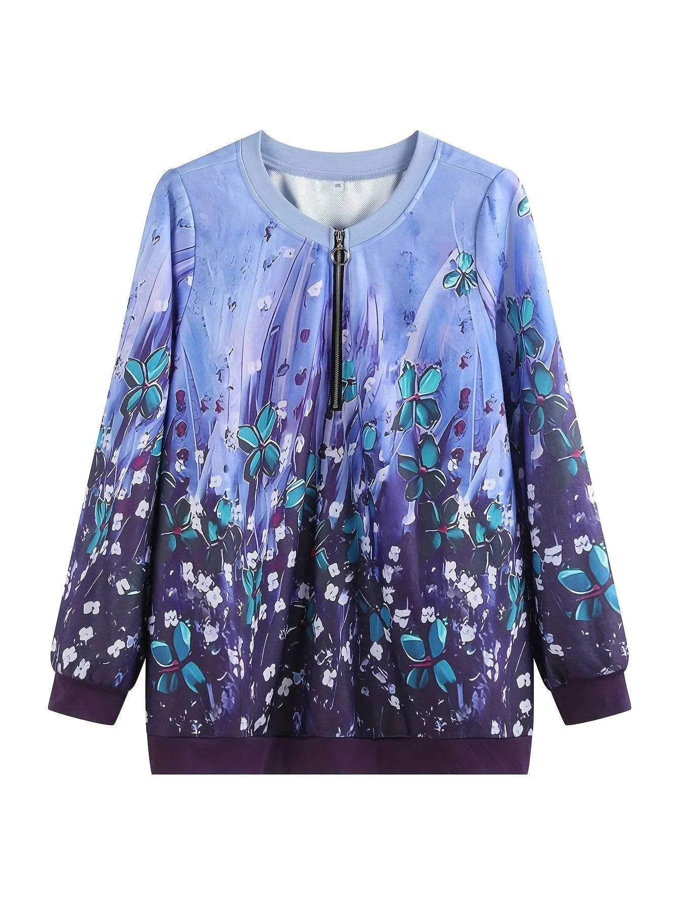 Plus Size Womens Woven Sweatshirt Purple Floral Print Fashion Style Zipper Neck Long Sleeve Top Loose Casual Wear For Spring Aut PURPLE