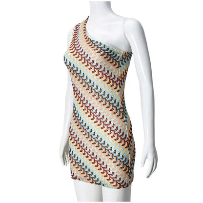 Rainbow Knitted Single Shoulder Mini Dress Women Sexy Sleeveless Waist Hugging Tight Short Dresses 2025 New Summer Party Vestido Badiee Stylez