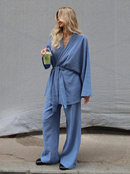 Mozuleva 2025 Autumn New 100% Cotton Women's Blue Lace Up Long Sleeve Pajama Set Loose Pants 2 Piece Leisure Homewear