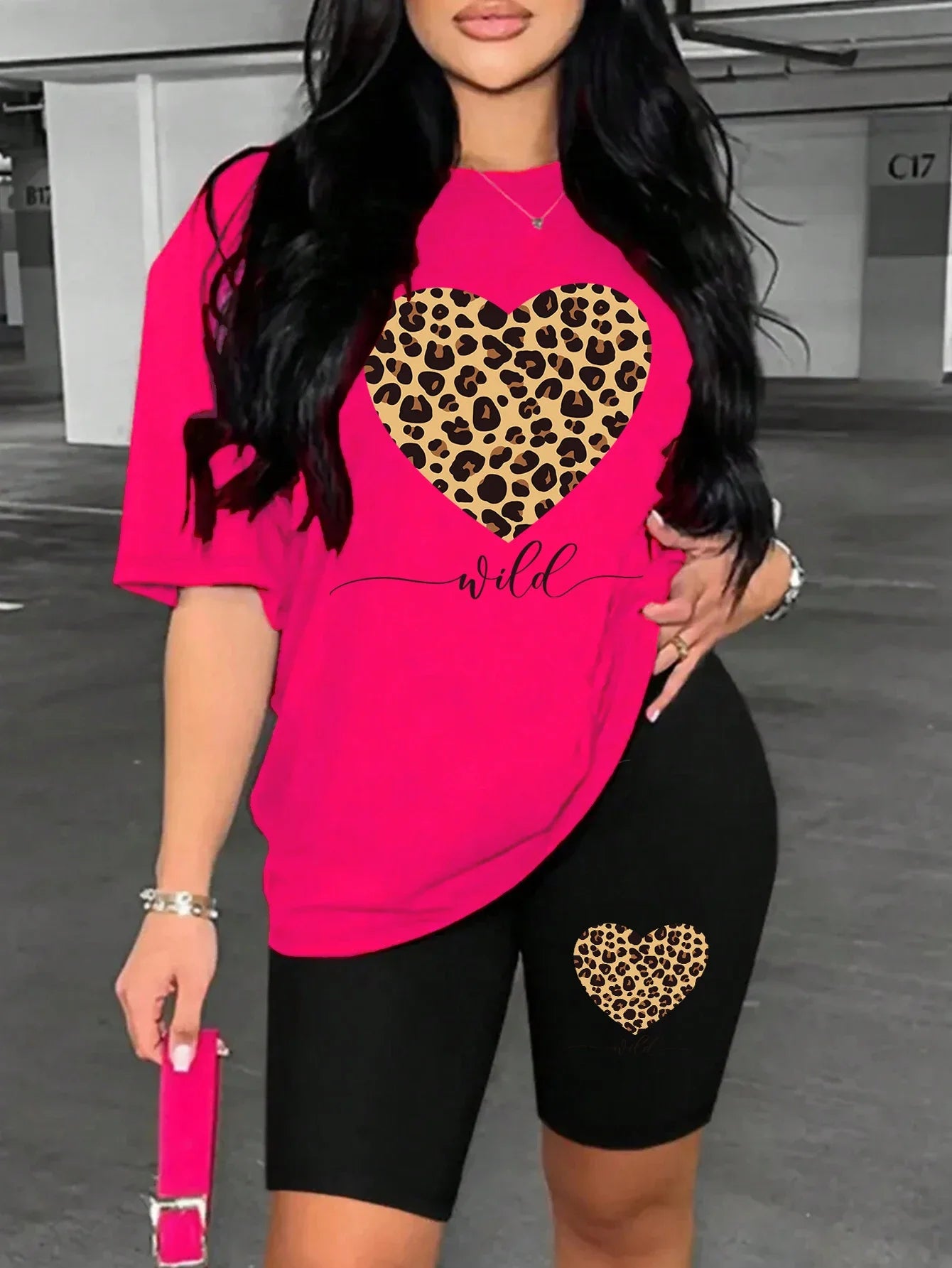 Leopard Heart Pattern Printing Shorts Sets Fashion Cartoon Women'S Two Piece Set Breathable Comfortable Short Sleeved Shorts Set Badiee Stylez