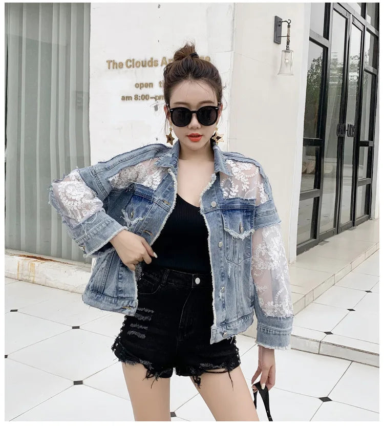 Cotton Denim Coat Women Lace Spring Autumn Ropa Cardigan Jeans Maxi Punk Gothic Bomber Jacket Windbreaker Y2k Jackets Korean