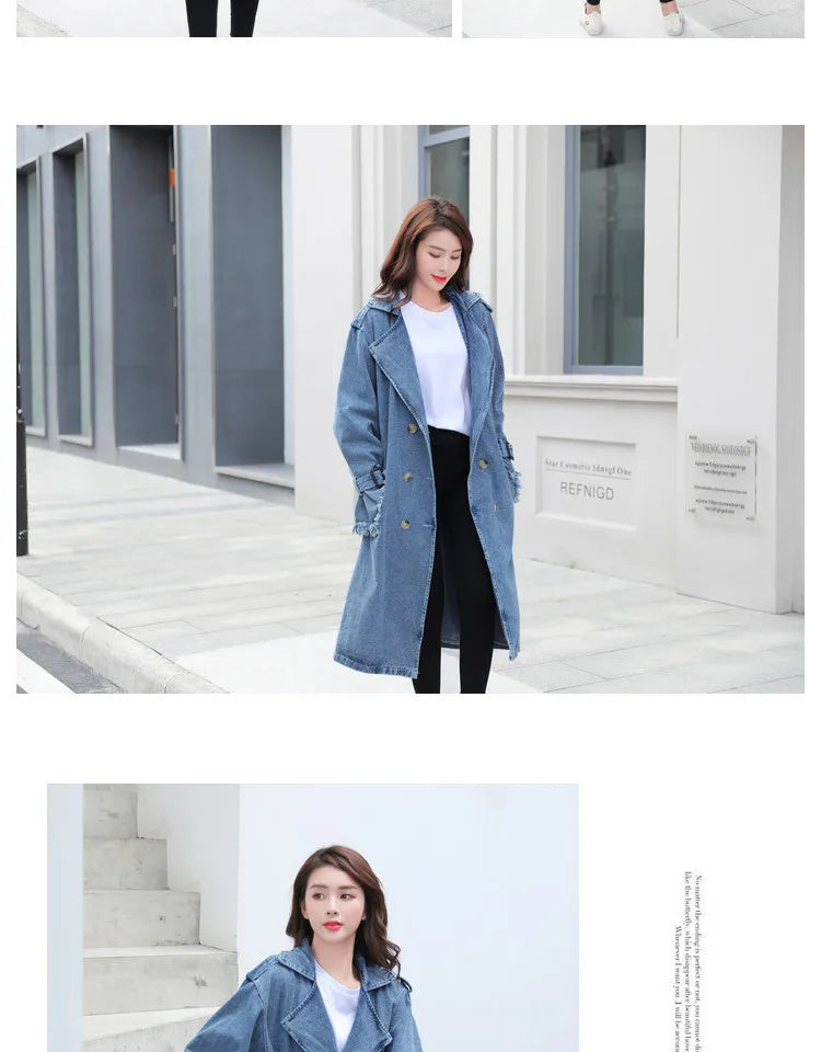 Trench Denim Coat Women Long Coats Lace Up Belt High Waist Turn Down Collar Maxi Jackets Y2k Single Breasted Elegant Autumn