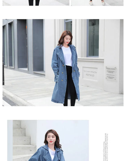 Trench Denim Coat Women Long Coats Lace Up Belt High Waist Turn Down Collar Maxi Jackets Y2k Single Breasted Elegant Autumn
