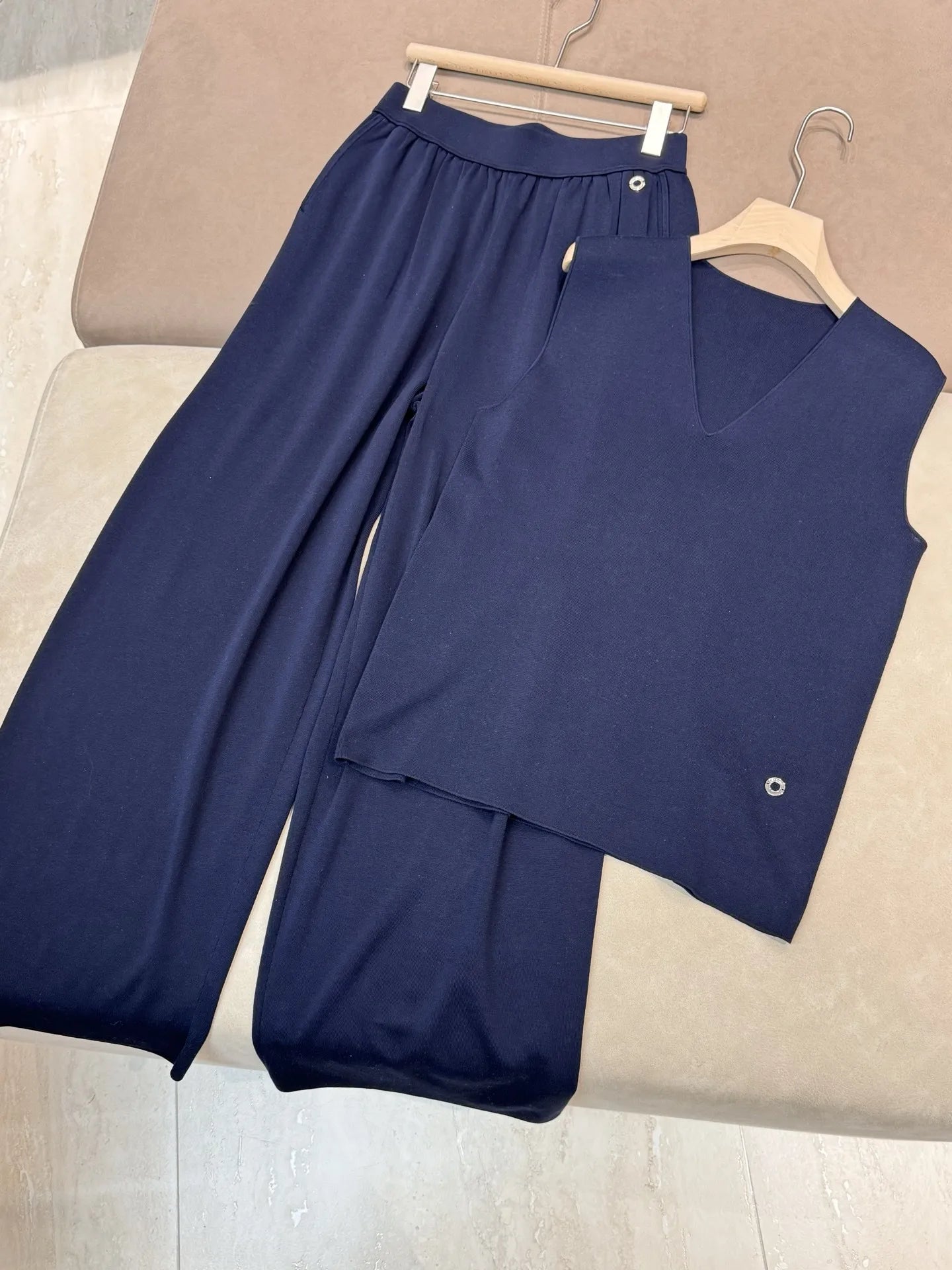 2025 Spring/Summer New Silk Cotton Blended V-neck Fashion Vest Top Casual All-match Straight Wide-leg Pants suit Badiee Stylez