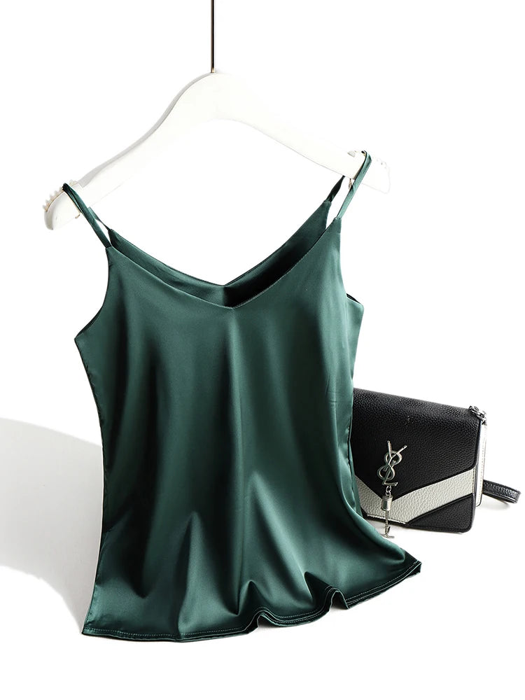 Spaghetti Strap Top Women Halter V Neck Basic White Cami Sleeveless Satin Silk Tank Tops Women'S Summer 2025 Camisole Green