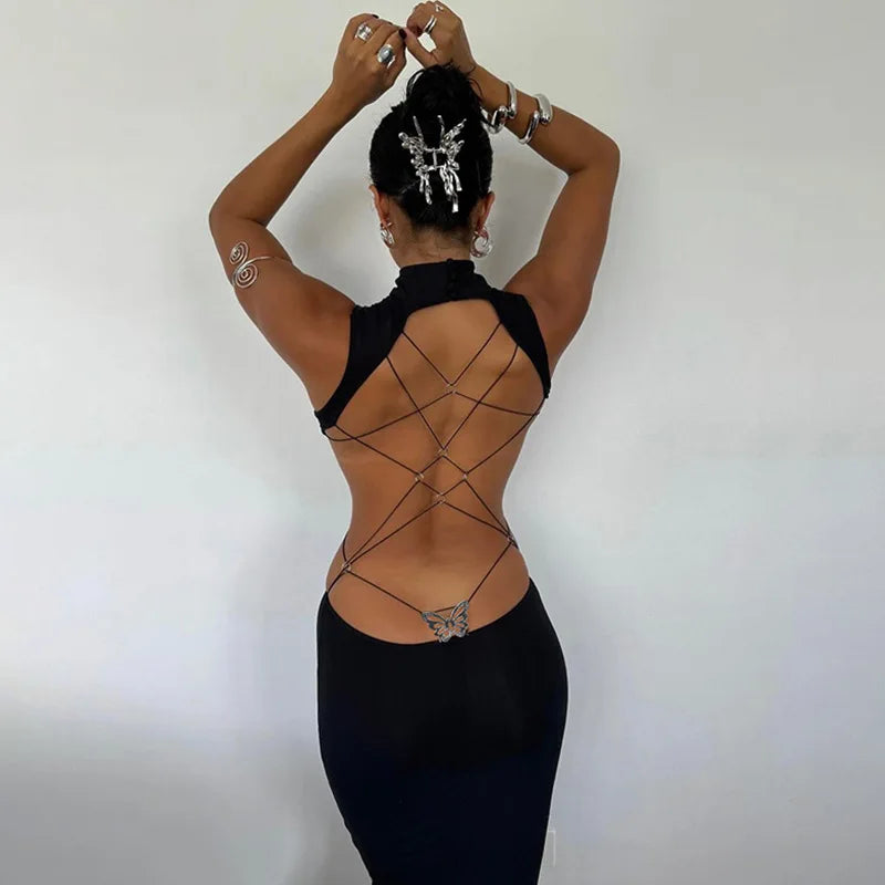 Cryptographic Sexy Backless Bandage Butterfly Detail Long Dress Club Party Summer Sleeveless Maxi Dresse Elegant Outfits Robe black