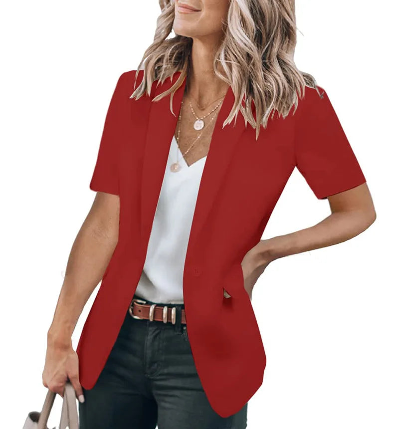 Summer women's temperament, fashionable and loose fitting small suit, European and American solid color suit collar, short sleev Red