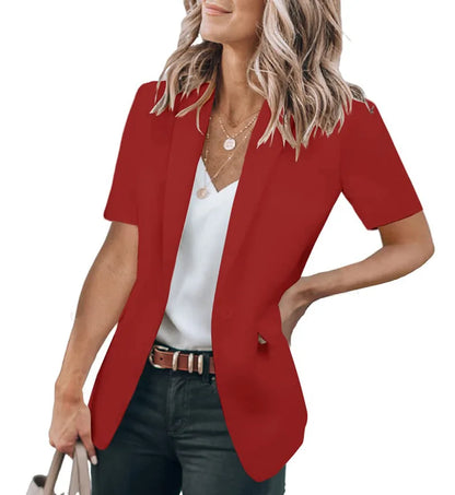 Summer women's temperament, fashionable and loose fitting small suit, European and American solid color suit collar, short sleev Red