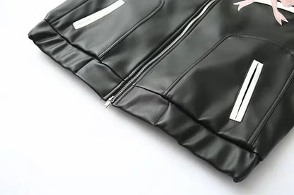 Zekye Vintage Women's Faux Leather Jacket Autumn Winter Lapel Collar Bow Detail Zipper Overcoat Fashionable Outerwear