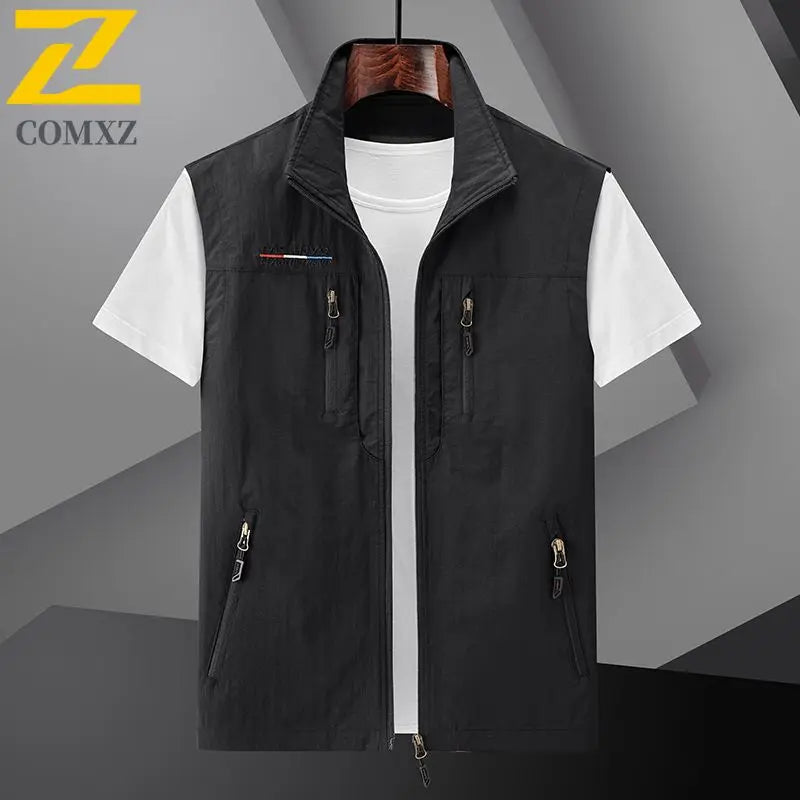 Men's Summer vest 2024 Thin Style Multi Pocket Waterproof Durable Large Size Casual Outdoor Travel Vest Men's Sleeveless Jacket black