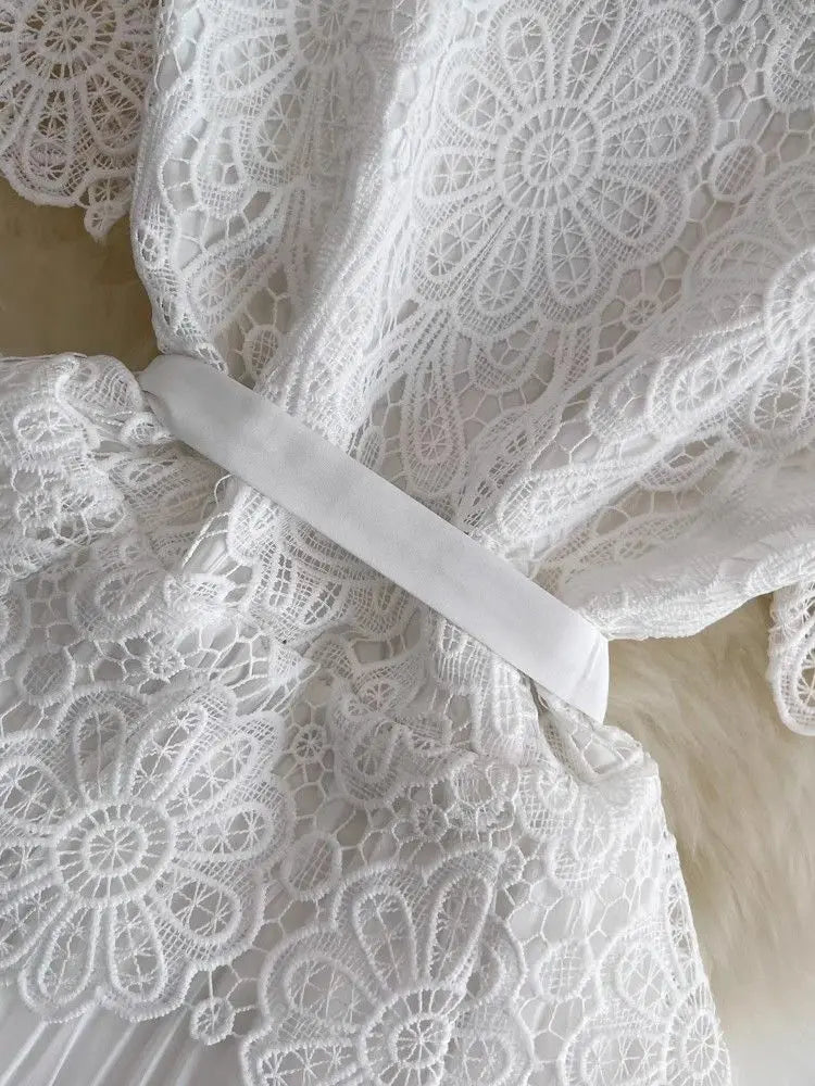Summer Elegant Crochet Lace Patchwork Chiffon Pleated Dress Women's Short Sleeve Hollow Out Flower Buttons Belt Runway Vestidos