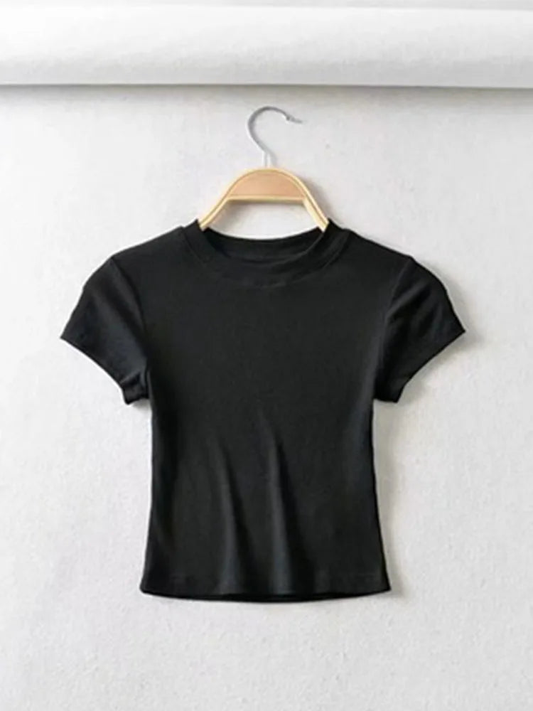 Summer Sexy Women O-neck Short-sleeve T-shirt Slim Elastic Skinny Crop Tops black