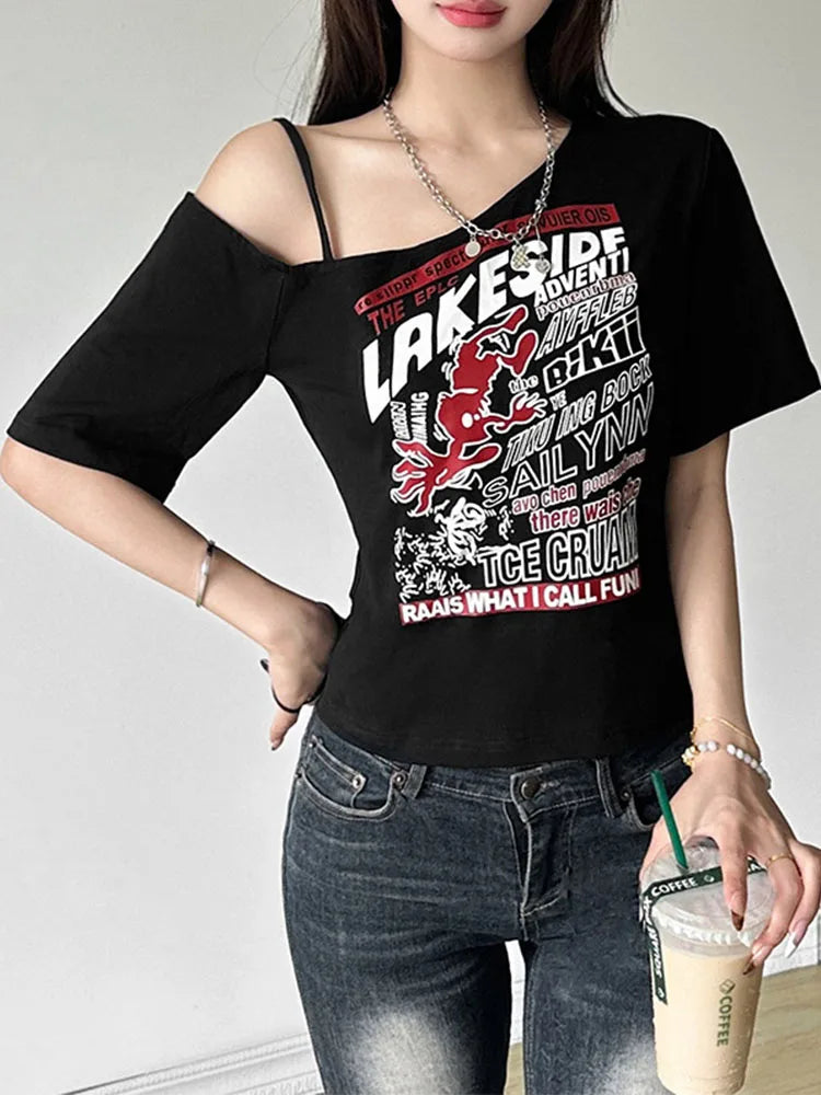 Gothic Tee Y2k Letter Print Off Shoulder Punk T-shirts Women Harajuku Summer Streetwear Grunge T Shirt Aesthetic Sexy Crop Tops