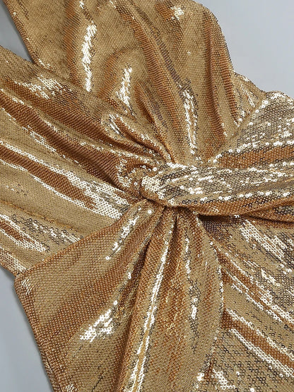 Women's Sleeveless Gold Sequin Jumpsuit Sexy V Neck Sparkle Sequined High Waist Wide Leg Pants Jumpsuit Celebrity Evening Party Badiee Stylez