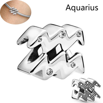 Authentic 925 Sterling Silver Sparkling Aries Leo Scorpio 12 Zodiac Signs Constellation Charm Beads Fit Pantaro Bracelet Jewelry H156