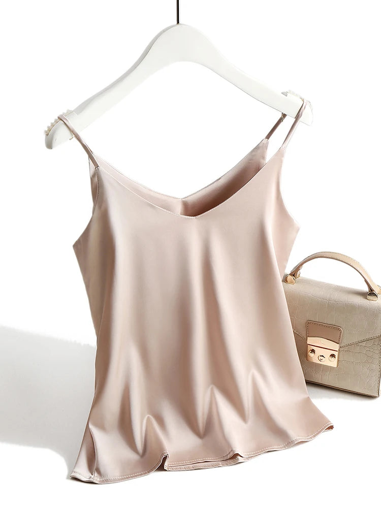 Spaghetti Strap Top Women Halter V Neck Basic White Cami Sleeveless Satin Silk Tank Tops Women'S Summer 2025 Camisole Khaki