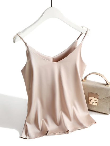 Spaghetti Strap Top Women Halter V Neck Basic White Cami Sleeveless Satin Silk Tank Tops Women'S Summer 2025 Camisole Khaki