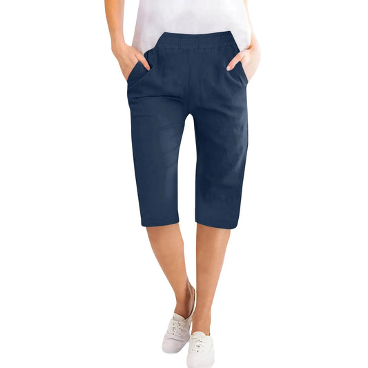 Womens Capris Cotton Linen Pants Drawstring Elastic Waist Pants Casual Cropped Trousers Daily Breeches Five Half Pants Pantalone Navy