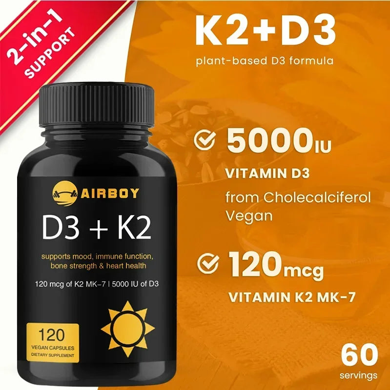 Vitamin D3+K2 Capsules - for Regulate Calcium Metabolism Bone & Heart & Immunity System HealthSupplements