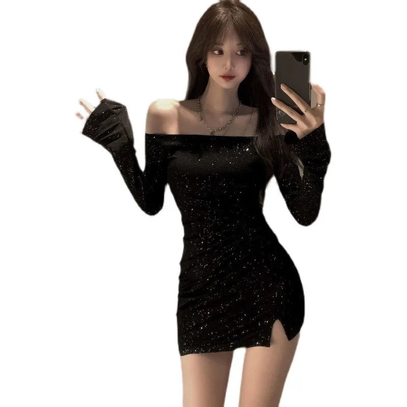 One-Shoulder Sequined Long Sleeve Sexy Pencil Skirt