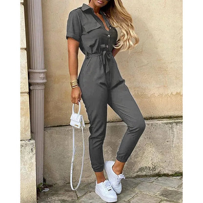 Women's Monochrome Jumpsuit 2024 Spring/Summer Comfortable Casual Flip Collar Printed Belt Work Dress Women's Jumpsuit Silver