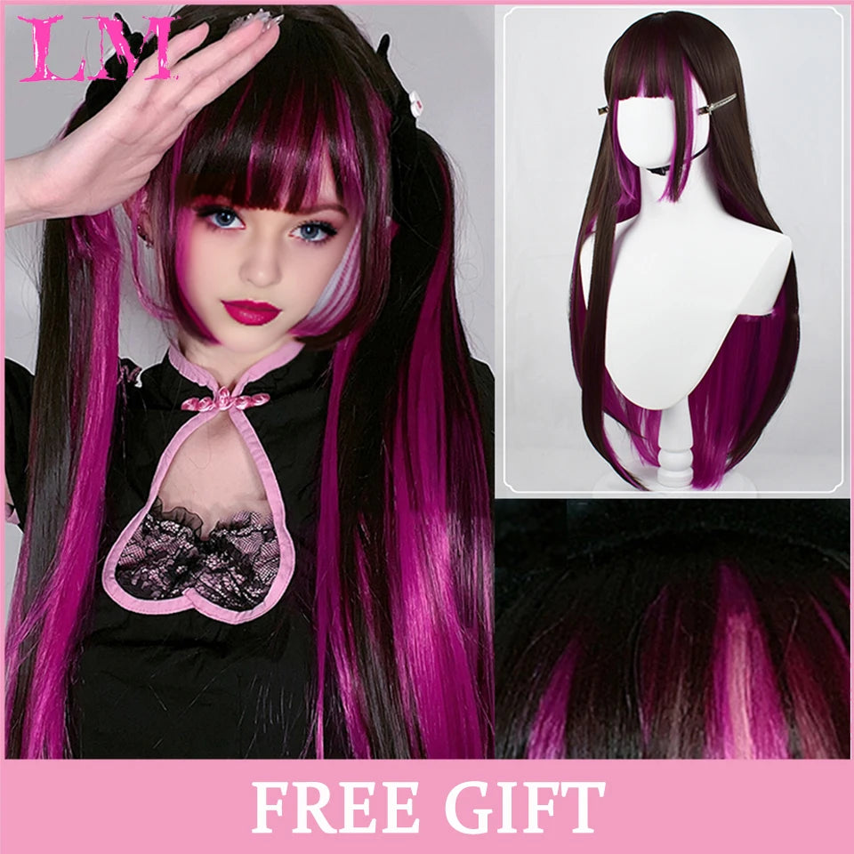 LM Long Silky Straight Synthetic Wigs with Bangs Black Cosplay Party Lolita Hair Wigs for Women Natural Heat Resistant Wig #530