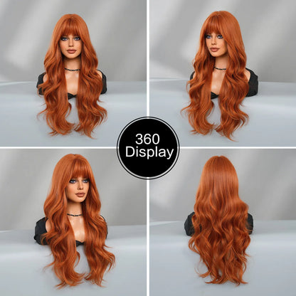 New fashion orange synthetic wig with fringe long curly hair festival daily wig high temperature silk full head cover