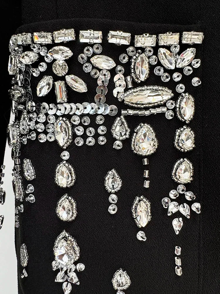 HIGH STREET Newest 2025 Designer Fashion Women's Long Sleeve Notched Collar Rhinestone Diamonds Beading Maxi Long Dress Badiee Stylez