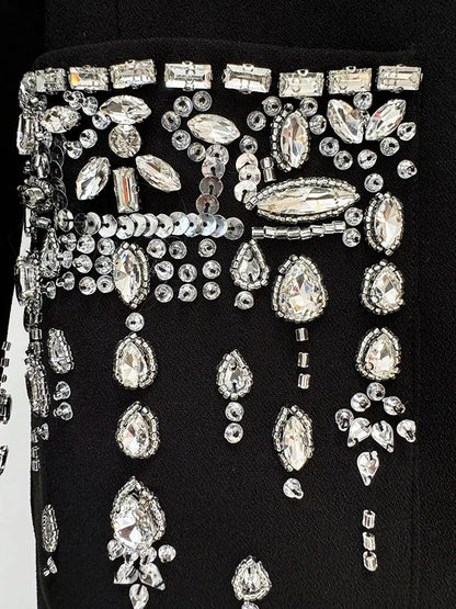 HIGH STREET Newest 2025 Designer Fashion Women's Long Sleeve Notched Collar Rhinestone Diamonds Beading Maxi Long Dress Badiee Stylez