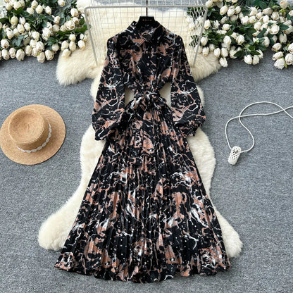 Chic vintage long sleeve turn-down collar button pleated Elegant Fairy korean fashion Boho women clothing Long dress black One Size