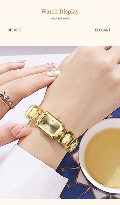 1PC Luxury Women's Watch Fashion Stainless Steel Gold Gorgeous Water Diamond Square Quartz Movement Gift Wrist Watches for Women Badiee Stylez