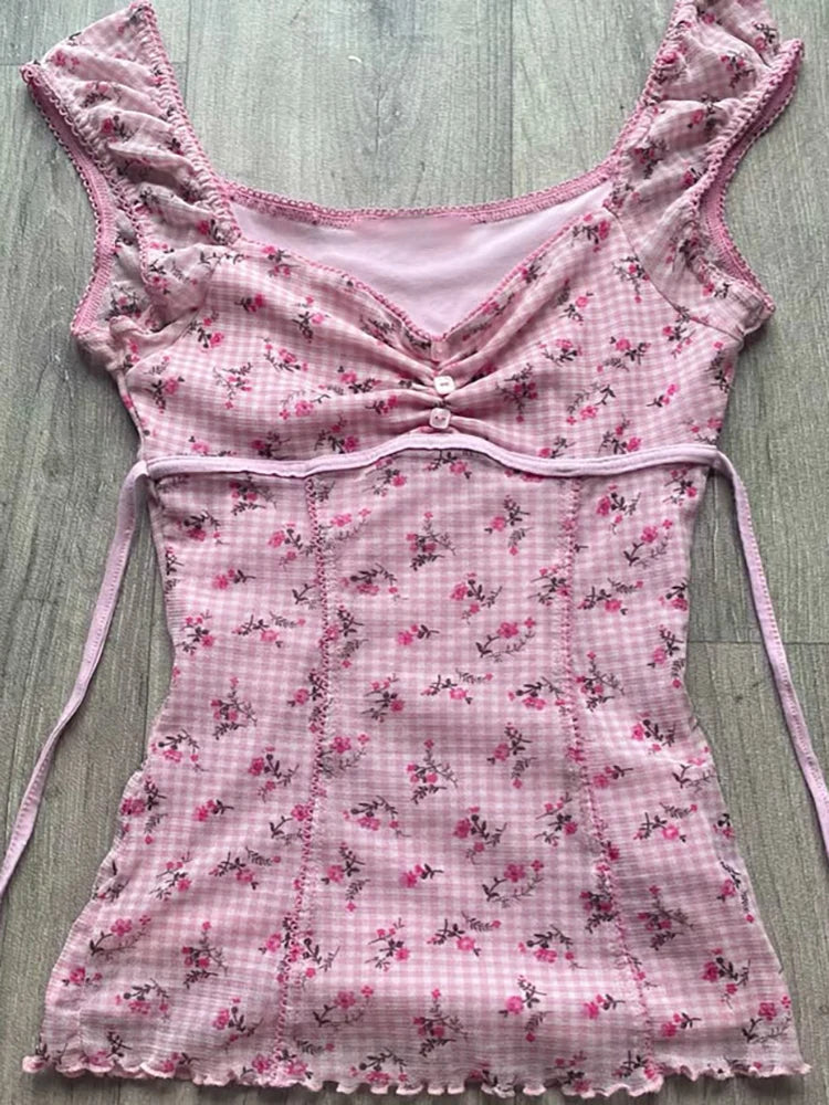 Polka dot Vintage Pink Hot Cute Dress Aesthetic Slim Y2K Short Sleeve Sundress Women Sweet Clothing Fashion Harajuku Lace Frock Pink