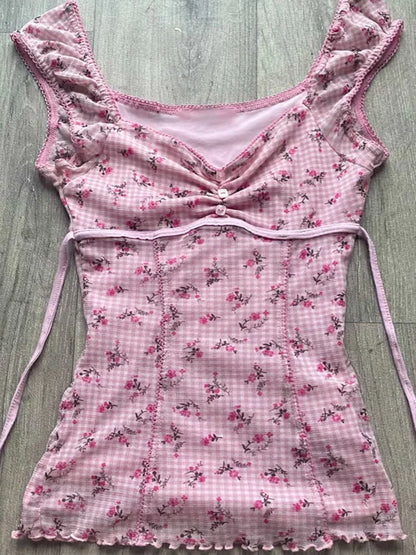 Polka dot Vintage Pink Hot Cute Dress Aesthetic Slim Y2K Short Sleeve Sundress Women Sweet Clothing Fashion Harajuku Lace Frock Pink