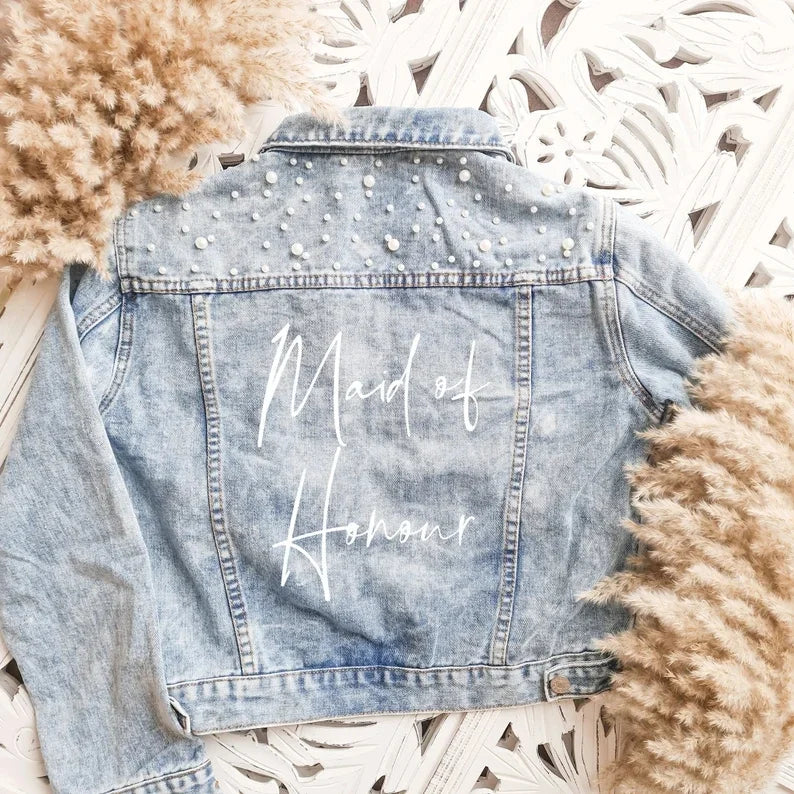 Bachelorette Jean Jackets Hen Party Gift Custom Bride Denim Jacket Pearl Mrs Outerwear Bridesmaid Personalised Coats Wedding Day light blue - HONOR