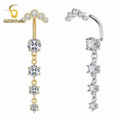 G23titan Long Zircon Pendant Dangle Belly Button Ring Surgical Titanium Navel Piercing Curved Barbell Anti allergic Body Jewelry Badiee Stylez