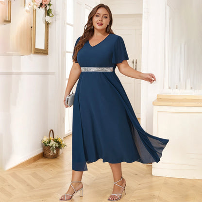 Plus Size Womens Elegant Butterfly Sleeve Sequin V-Neck Midi Dress Ladies Party Cocktail Evening Banquet Ball Gown Size 0XL-5XL