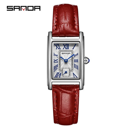 SANDA 1116 Quartz Watch Women Elegant Design Rectangle Dial Watches Waterproof Pointer Leather Business Ladies Wristwatches P Red