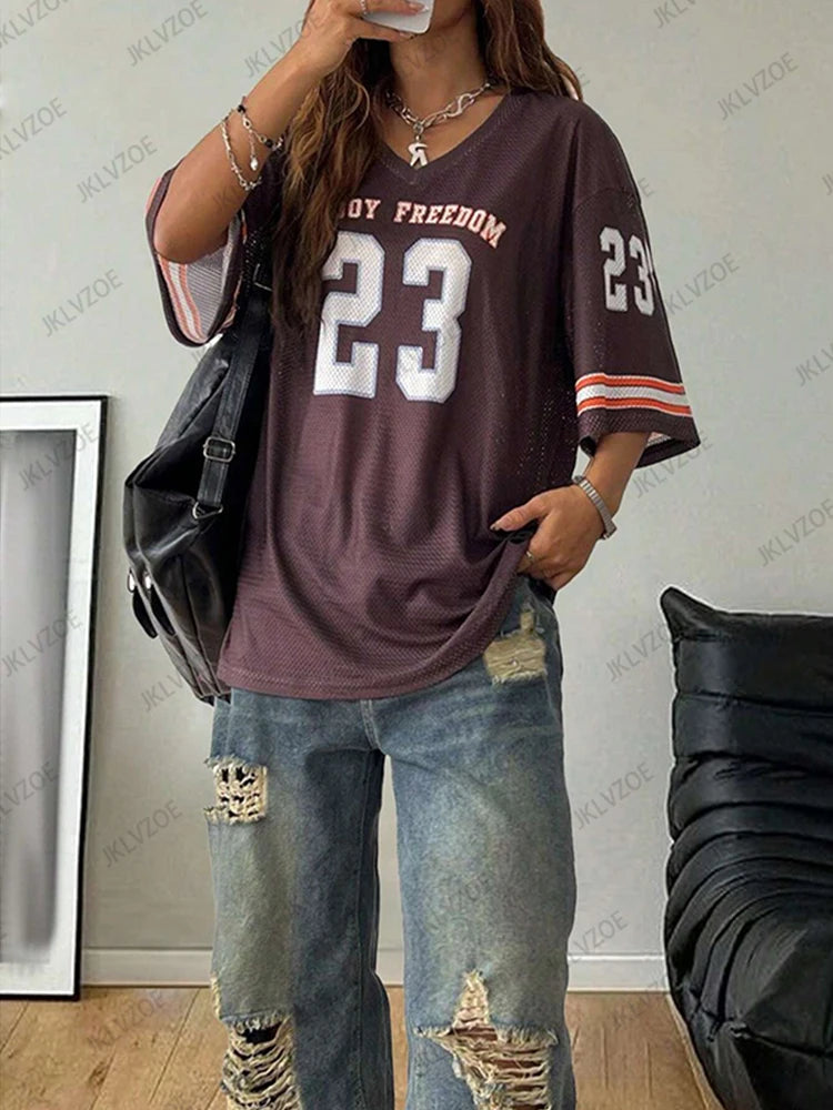 Summer New Black Enjoy Freedom 23 Print T-Shirt For Women V-Neck Short Sleeve Mesh Sports Football Jersey Y2K Oversized Tops TZ1127326