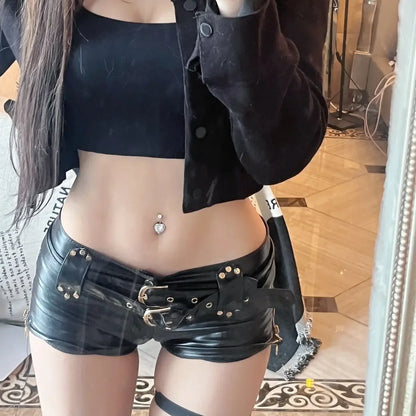 Booty Women's Shorts Leather Tight Low Rise Waist Black Skinny Outfits Youthful Trend 2025 Harajuku Fashion Female Short Pants