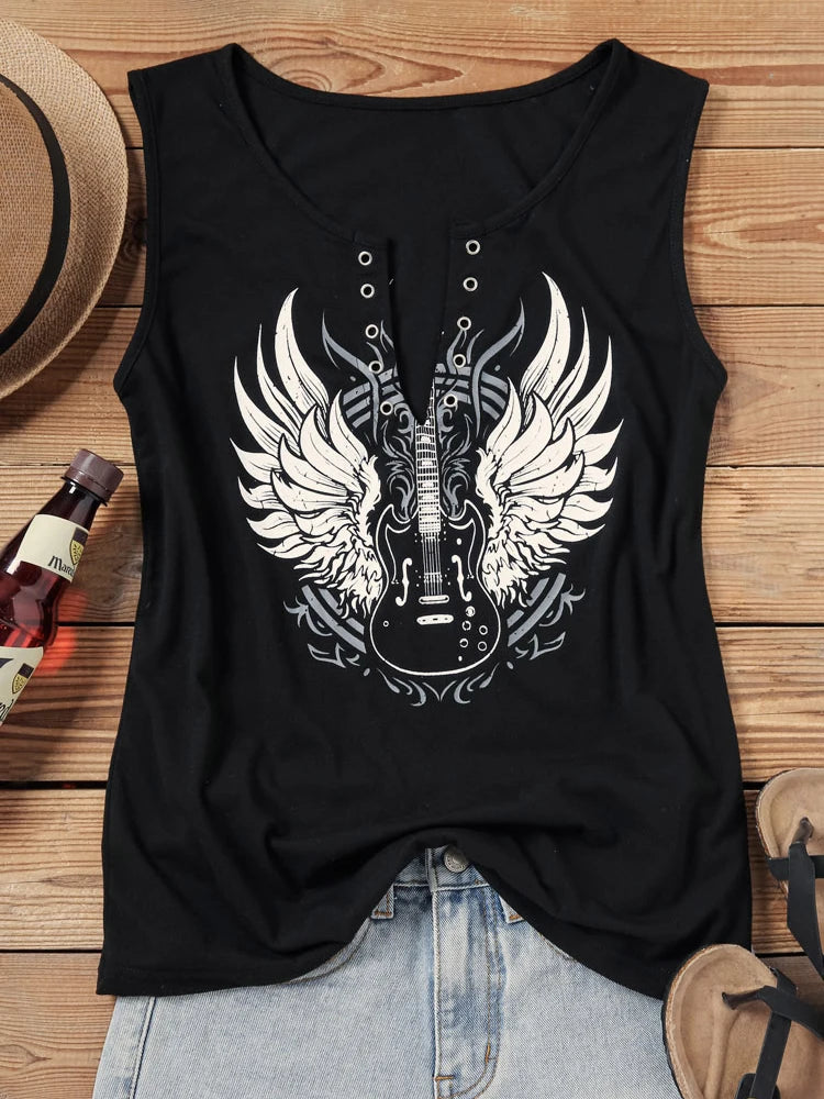 Rock Guitar Graphic Tees Casual V Neck Loose Fir Vest Top Vintage Wings Tank Tops for Women Retro Country Music Sleeveless Shirt