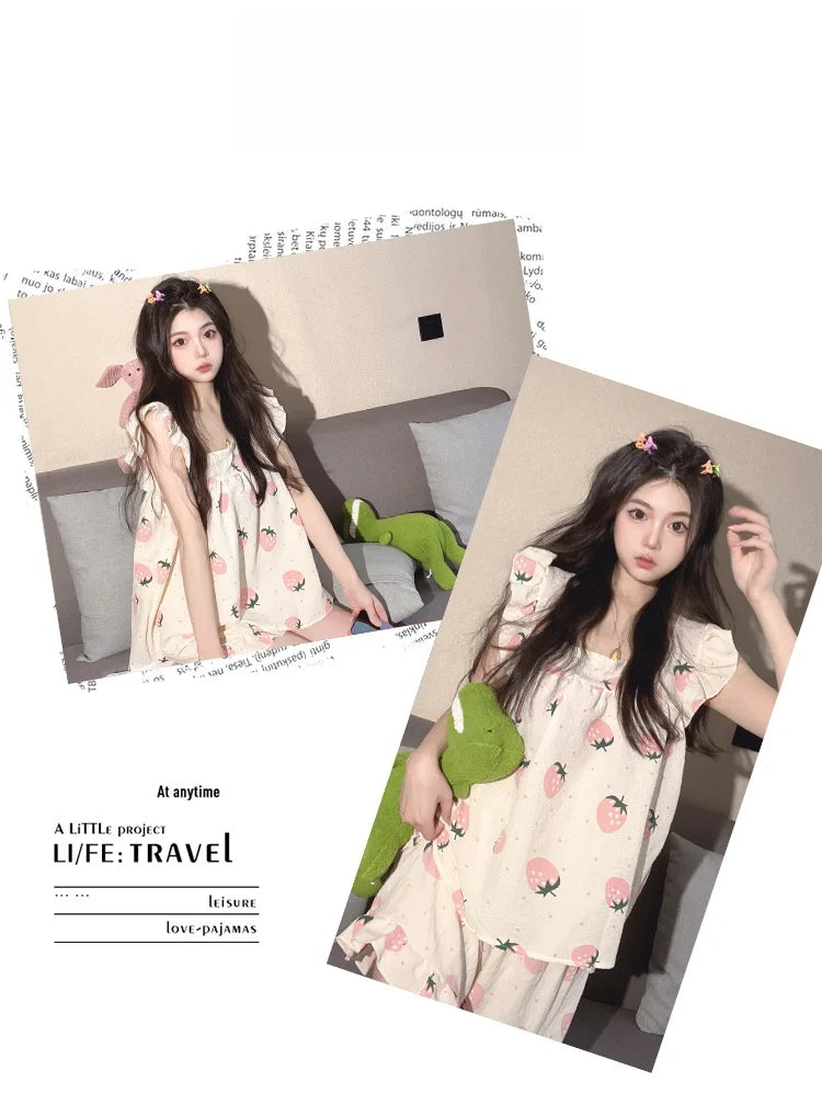 Summer Spwear Women's 2025 New Japanese Sle Fre Vest orts Woven Cotton Thin Home Clothes Set Sweet Print ort Pants