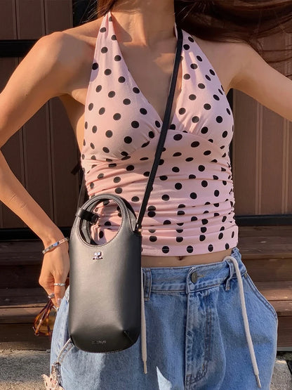 weird Puss Polka Dot Print Vest Women Y2K Lace-Up Backless Halter v-Neck Skinny Summer Trend Daily Street Basic Chic Tank Tops