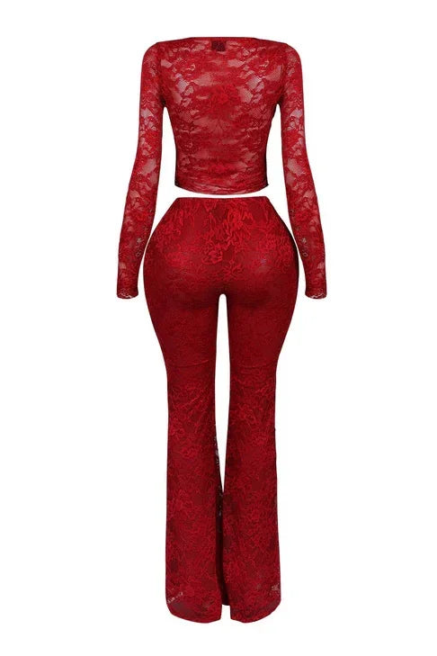 2025 Women's Set Long Sleeve Lace See Through Shirt + Long Pants Street Evening Sexy Two 2Piece Sets Outfits Tracksuit