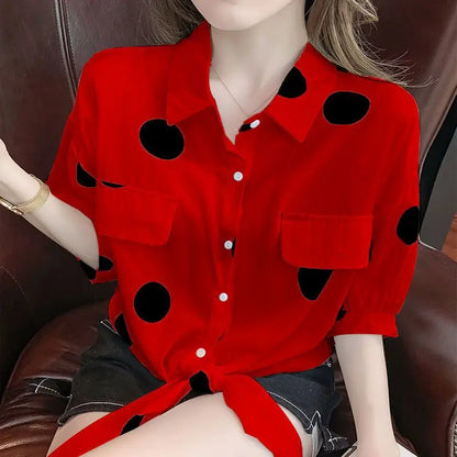Fashion Lapel Loose Bandage Bow Polka Dot Shirt Women's Clothing 2025 Summer New Oversized Casual Tops Half Sleeve Korean Blouse Red
